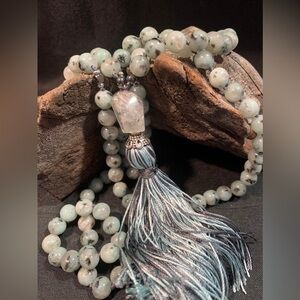 Mint Green Dalmation Jasper Hand Knotted Silk Tassel Mala / Yoga Necklace
